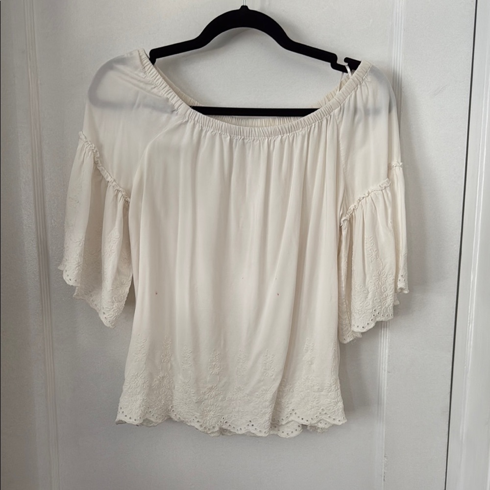 LOFT White Flutter Sleeve Blouse with Ruffled Neckline